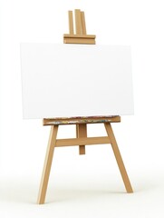 A wooden easel with a blank canvas.