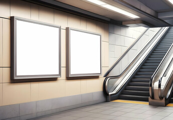 Blank Posters on Subway Wall Near Escalator