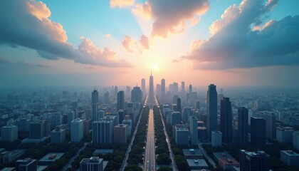 Obraz premium Cityscape at sunrise with a clear view of the sun and a long treelined street leading to it