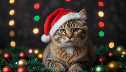 Obraz premium Cute cat wearing santa hat with christmas lighting blur background, christmas party cat in home. Generative Ai 