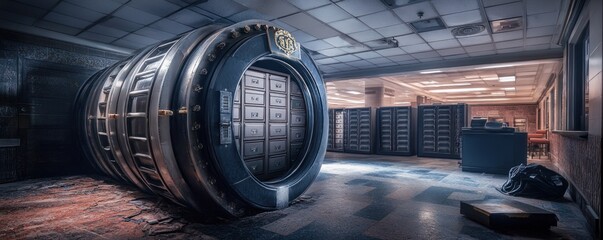 A large, round vault door with multiple compartments in an abandoned room, surrounded by other cabinets and a couch.