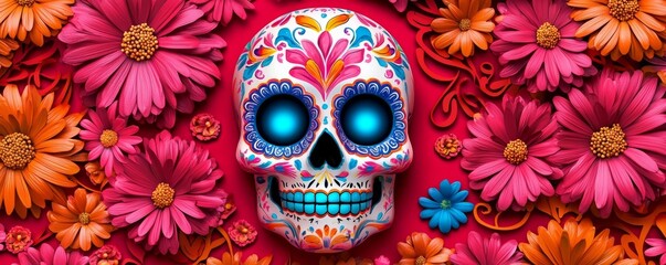 A vibrant sugar skull adorned with colorful floral patterns, set against a bright pink background, symbolizing the Day of the Dead celebration.