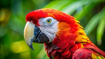 Obraz premium A Vivid Scarlet Macaw with a Striking Profile and a Keenly Focused Gaze, Amidst the Lush Green Foliage