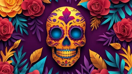 A vibrant skull adorned with colorful floral patterns, set against a purple background, representing a festive and artistic celebration of life and death.