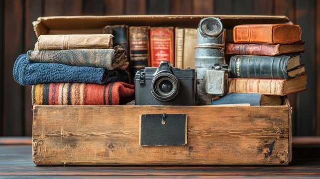 A box of mixed items prepared for a yard sale, featuring old clothes, books, and random household objects
