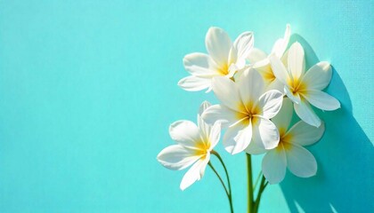Fototapeta premium A bunch of pastel-colored blossoms leaning toward the side of a bright turquoise canvas, showcasing delicate petal details in crisp focus.