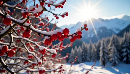  Snowy serenity with vibrant berries and mountain backdrop