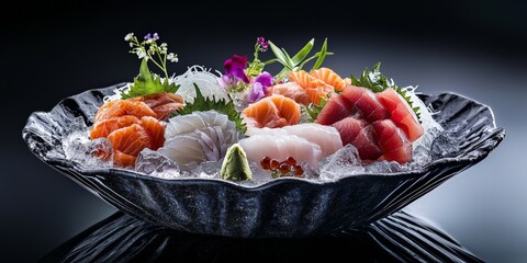 Sashimi Platter with studio lighting creating a luxurious feel, with perfectly cut slices of seafood placed on ice with a dark background