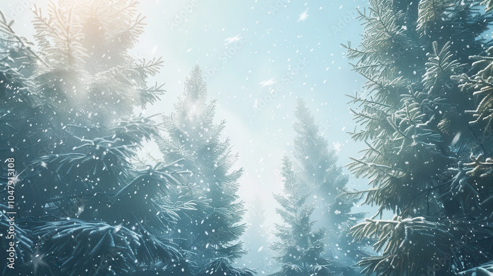 Poster this tranquil winter landscape showcases tall pine trees covered in fresh snow, creating a peaceful 