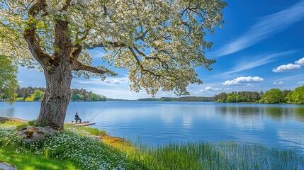 A solitary figure sits on a dock fishing, beneath a blossoming tree, on a tranquil lake. The water is calm, reflecting the blue sky and white clouds.