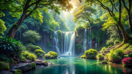 Sunlight filters through lush foliage illuminating a hidden cascade, creating a serene haven of natural beauty.
