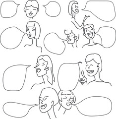 Various avatars of people or icons with dialogue clouds.