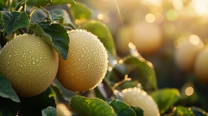 Cantaloupes on the Vine with Dew Drops
