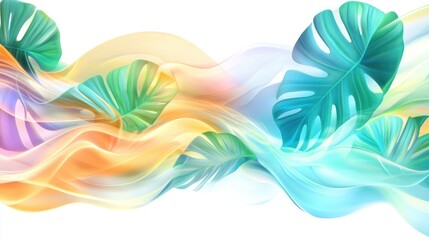 Soft abstract tropical design with floating leaves and glowing beach waves, isolated on white