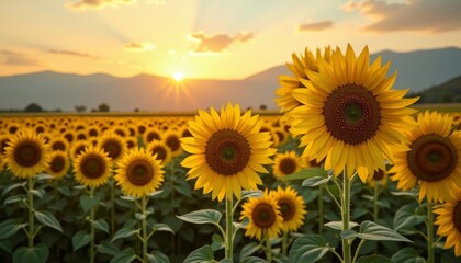 Fototapeta premium Sunflower field at sunset a symbol of happiness and positivity