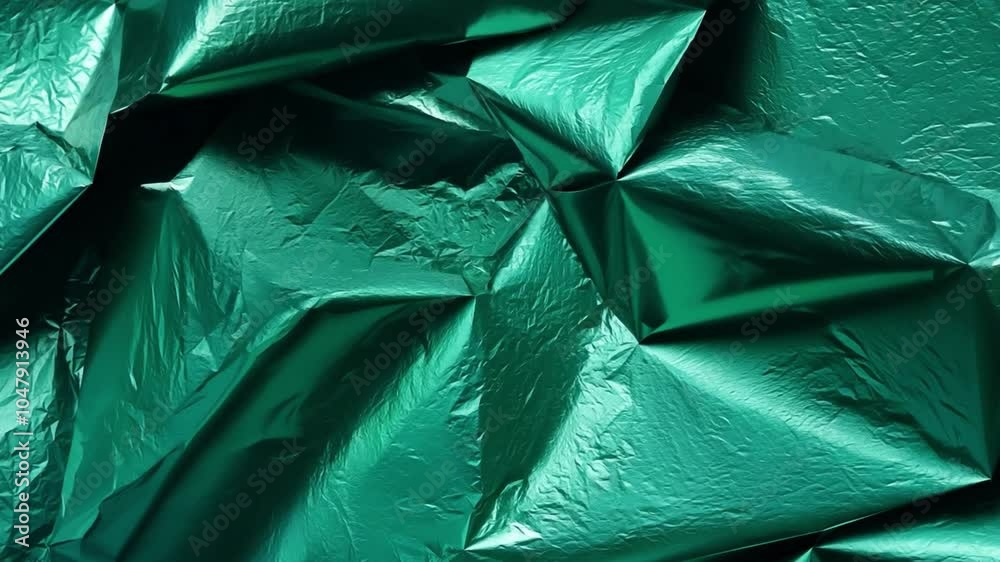 Poster The vibrant green foil showcases an array of folds and creases, creating a visually captivating texture. Soft light enhances its glossy surface, inviting exploration.