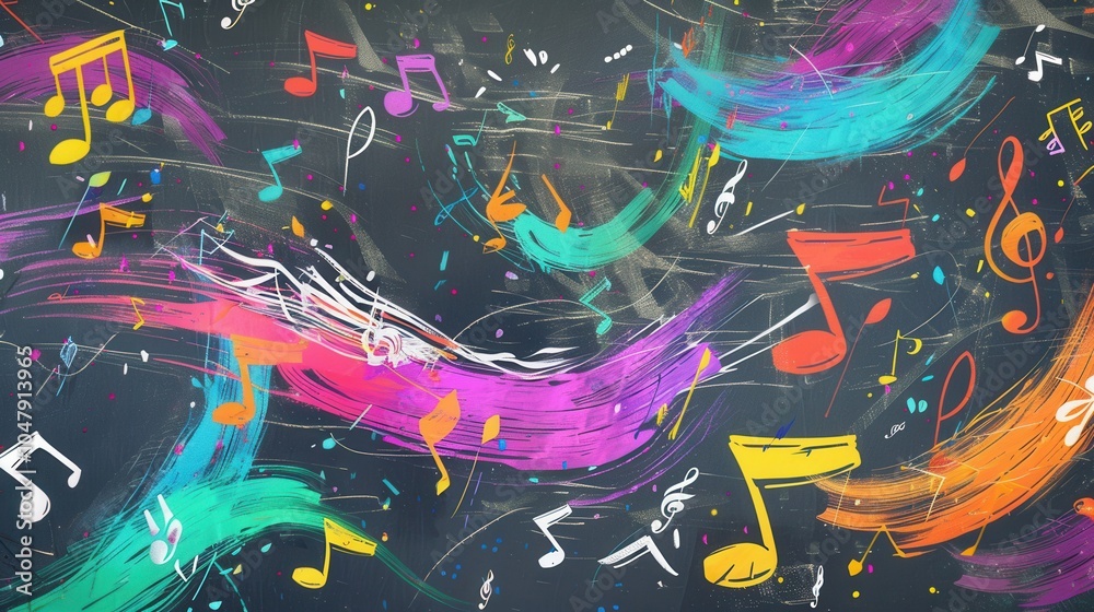 Fototapete dynamic brushstrokes blend with musical notes on a chalkboard, creating a lively artistic representa