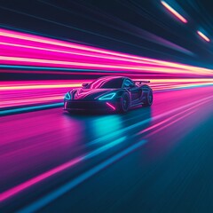 A sleek car racing through a vibrant, neon-lit tunnel.