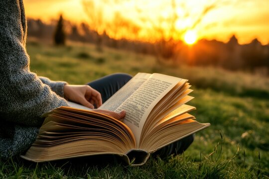 A person sits on a grassy field reading a book during a beautiful sunset.
