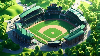 Aerial View of a Baseball Stadium Surrounded by Lush Green Trees.