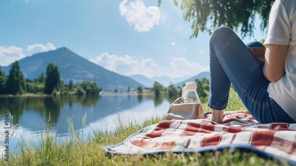 Poster Woman relaxing on a blanket by a lake with mountains in the background, reading a book and enjoying a picnic.