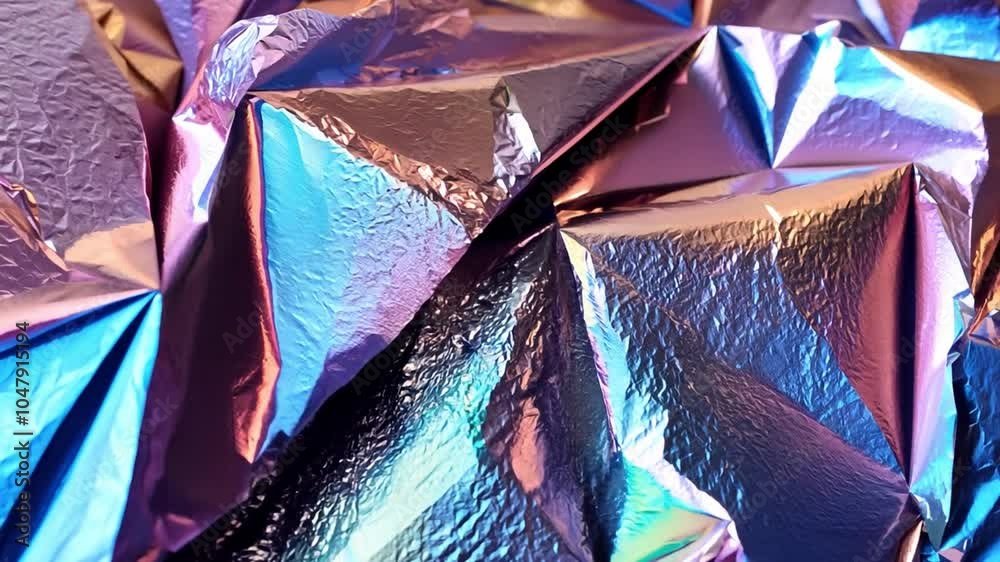 Poster Colorful metallic foil creates a dynamic surface with sharp folds and reflections, capturing a blend of light and texture in bright hues.