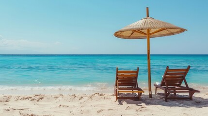 Two wooden lounge chairs sit beneath parasol umbrellas on a sunny beach, inviting visitors to enjoy the serene ocean breeze. Generative AI