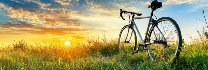 Obraz premium A bicycle stands in a field of tall grass, bathed in the golden light of the setting sun.