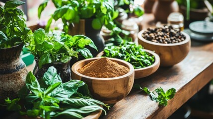 Fresh Herbs and Spices on Rustic Kitchen Counter