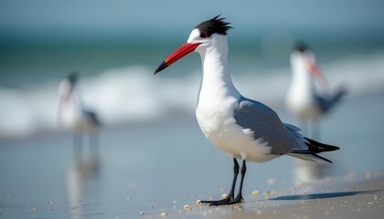 Obraz premium A serene beach scene with a striking bird