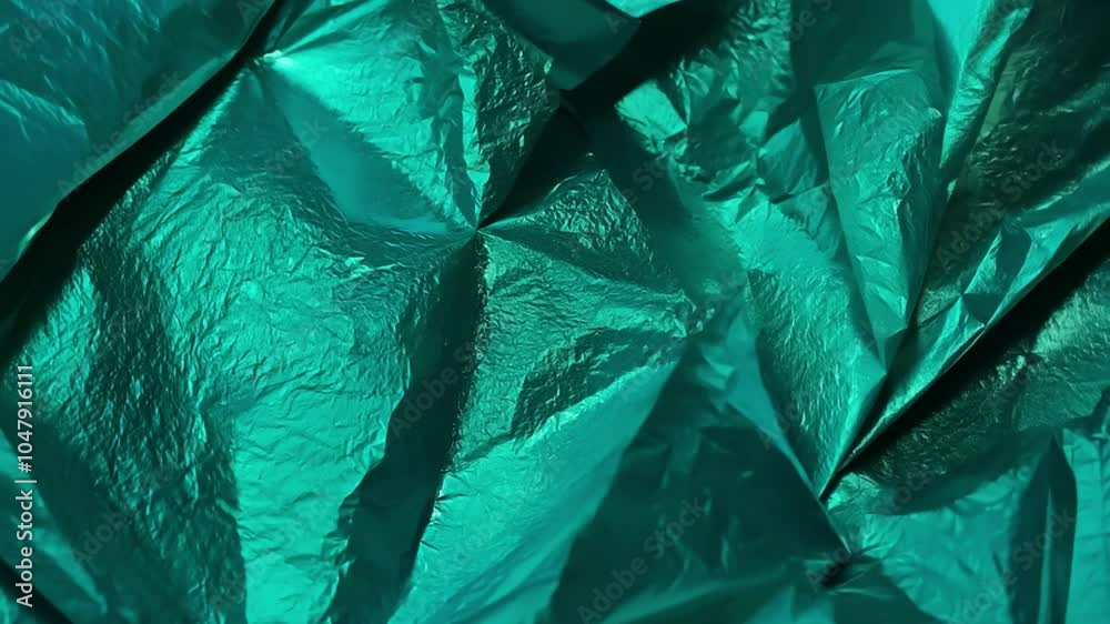 Poster A vibrant teal crumpled foil surface exhibits a complex pattern of folds and reflections, illuminated by gentle lighting, creating an artistic and dynamic effect.