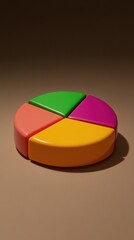 Fototapeta premium A 3D pie chart divided into four sections, colored orange, yellow, green, and magenta, resting on a brown surface with a soft shadow.