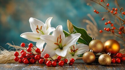 Bright holiday floral centerpiece featuring white lilies, gold bells, and red berries on a festive table