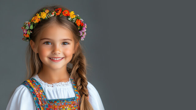 Germany little girl in traditional bunad folk costume isolated on gray