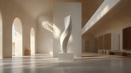 Modern white sculpture in a minimalist gallery with arched windows and sunlight.