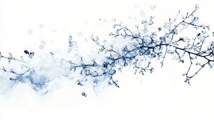 Naklejka premium Abstract cold season design with delicate frost patterns and floating snowflakes, isolated on white