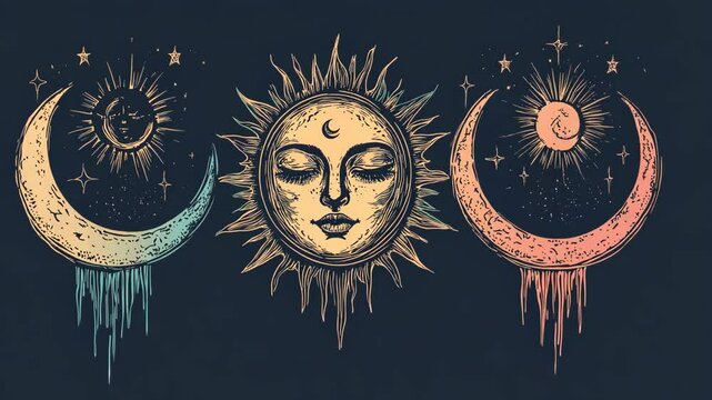 A hand-drawn illustration of the sun and moon with stars on a dark background