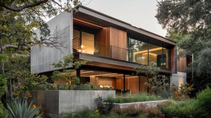 Fototapeta premium Modern Concrete and Wood House with Lush Landscaping