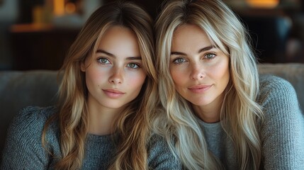 A young woman and her mother sit close to each other, smiling gently while displaying their unique features and warmth. The cozy setting enhances their connection