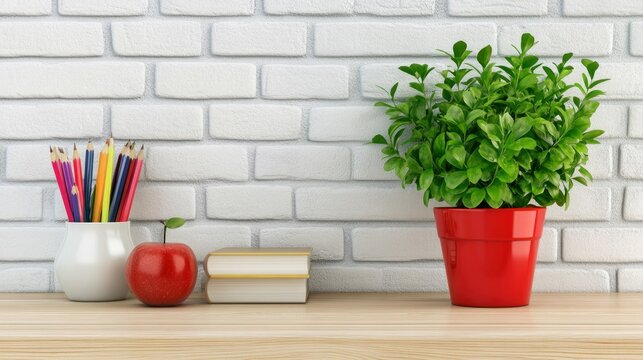 A bright green potted plant is positioned next to a red apple and a stack of books, complemented by a container of colorful pencils on a wooden surface, creating a lively atmosphere