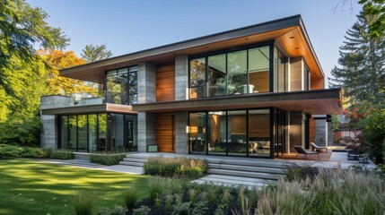 Fototapeta premium Modern Two-Story House with Expansive Windows and Patio