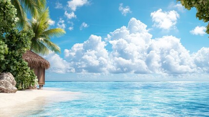 Gentle waves lap against the shore as palm trees sway in the breeze, creating a peaceful atmosphere at this idyllic seaside location under a bright blue sky