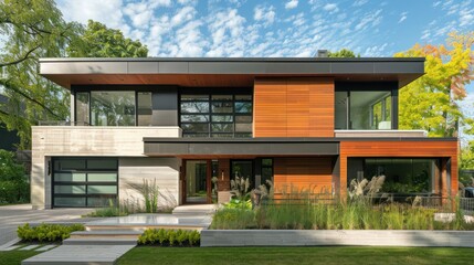 Obraz premium Modern two-story house with wood and stone exterior