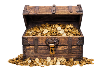 A treasure chest overflowing with gold coins, symbolizing wealth and adventure. isolated on transparent background.