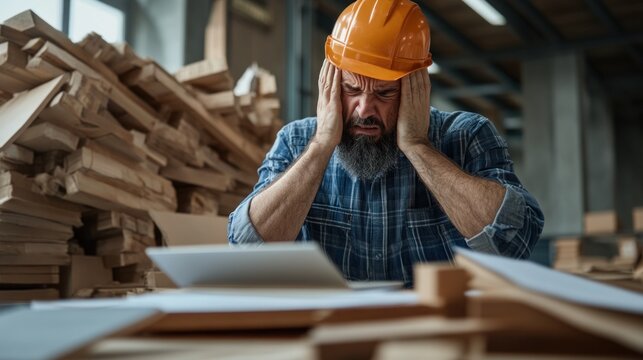 Worker experiencing frustration with outdated equipment, challenges of efficiency and communication in manufacturing