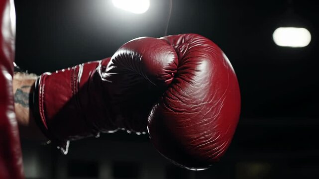 A close-up of a boxer's red glove, ready to throw a punch in a dimly lit boxing ring