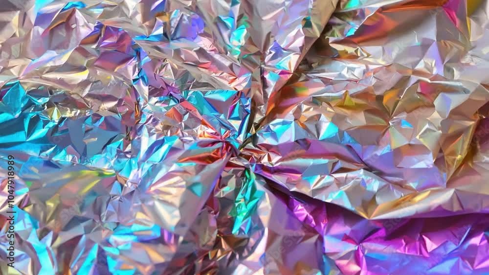 Poster A close-up view of crumpled metallic foil shows a vibrant array of colors reflecting in bright sunlight, creating an abstract visual effect.