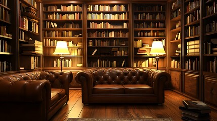 Cozy Library with Leather Couches and Warm Lighting.