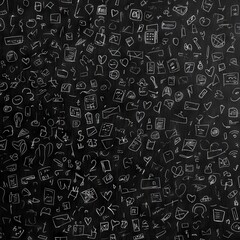 Fototapeta premium A black background filled with hand-drawn doodles and icons representing various concepts.