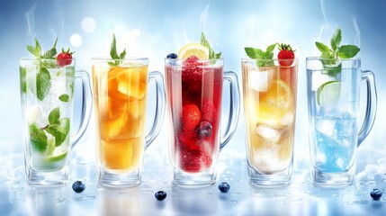 Refreshing Beverages in Tall Glass Mugs Illustration